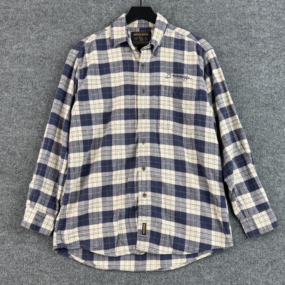 Woolrich Flannel Shirt Mens M Blue Plaid Breckenridge Colorado Embroidered